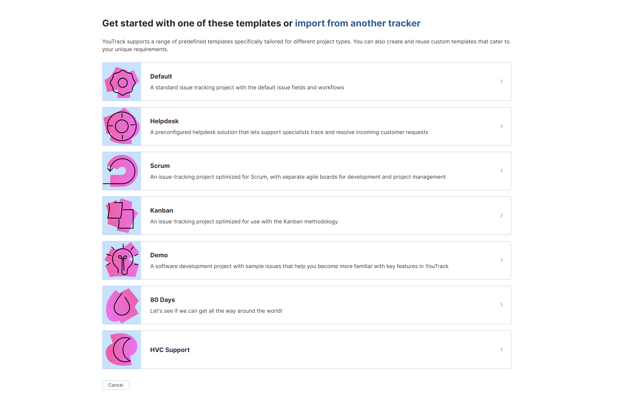 Options for creating a new YouTrack project. Options for creating a new YouTrack project.