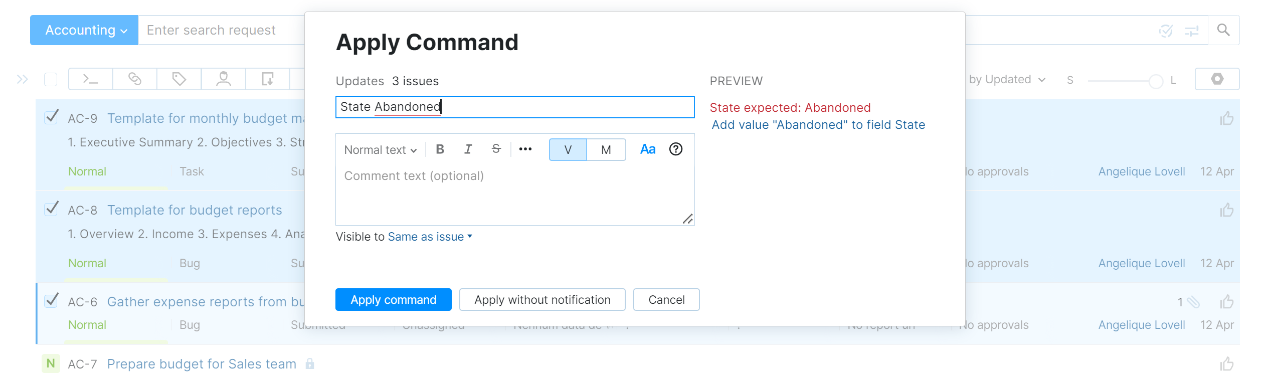 Adding a value to a custom field directly in the Apply Command dialog