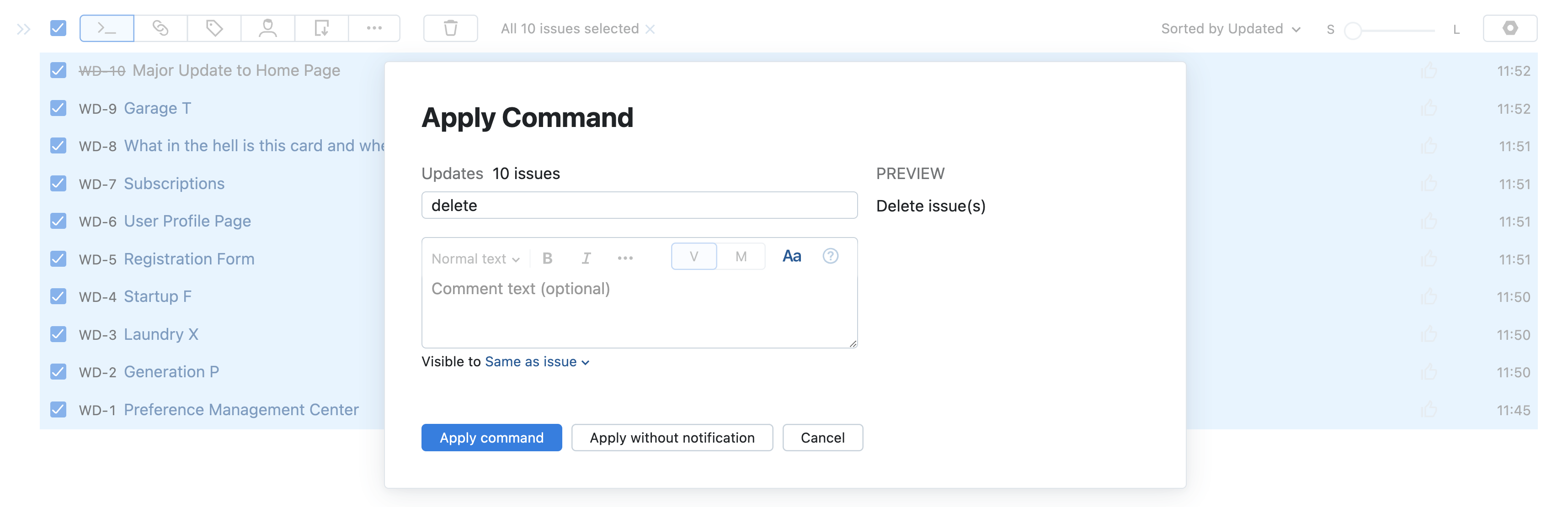 Command to delete multiple issues.