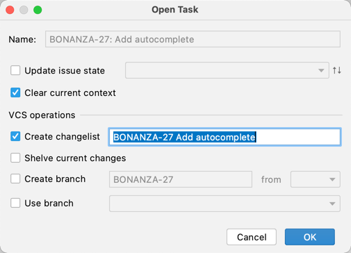 Parameters for the new open task.