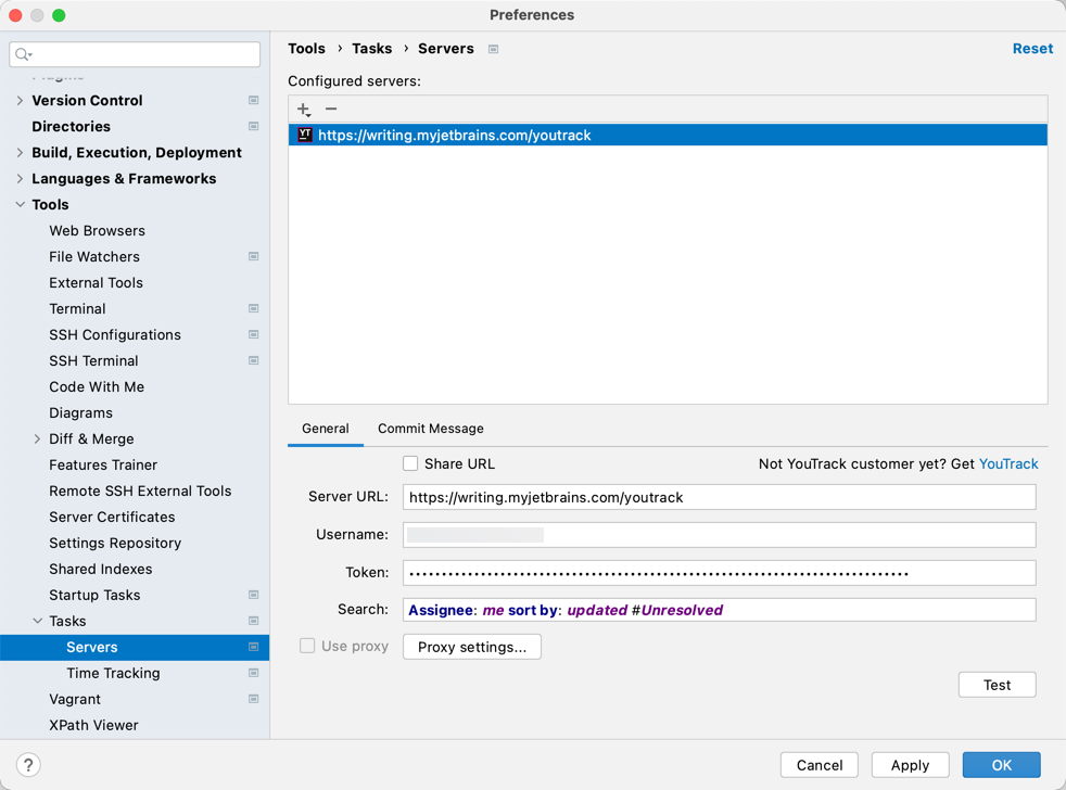 General configuration options for connection to a YouTrack server.