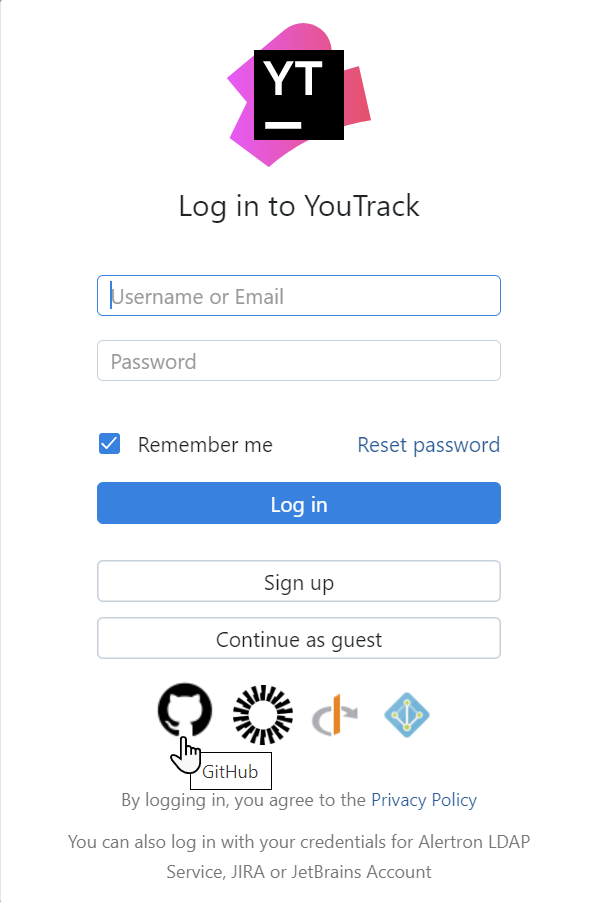 Login dialog with GitHub