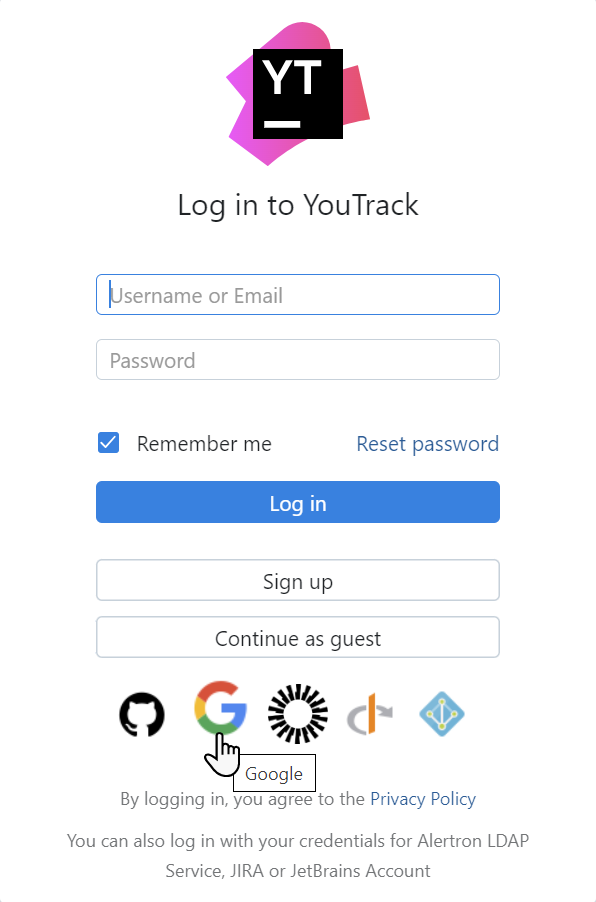 Login dialog with Google