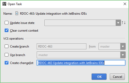 Parameters for a new task in the IDE.