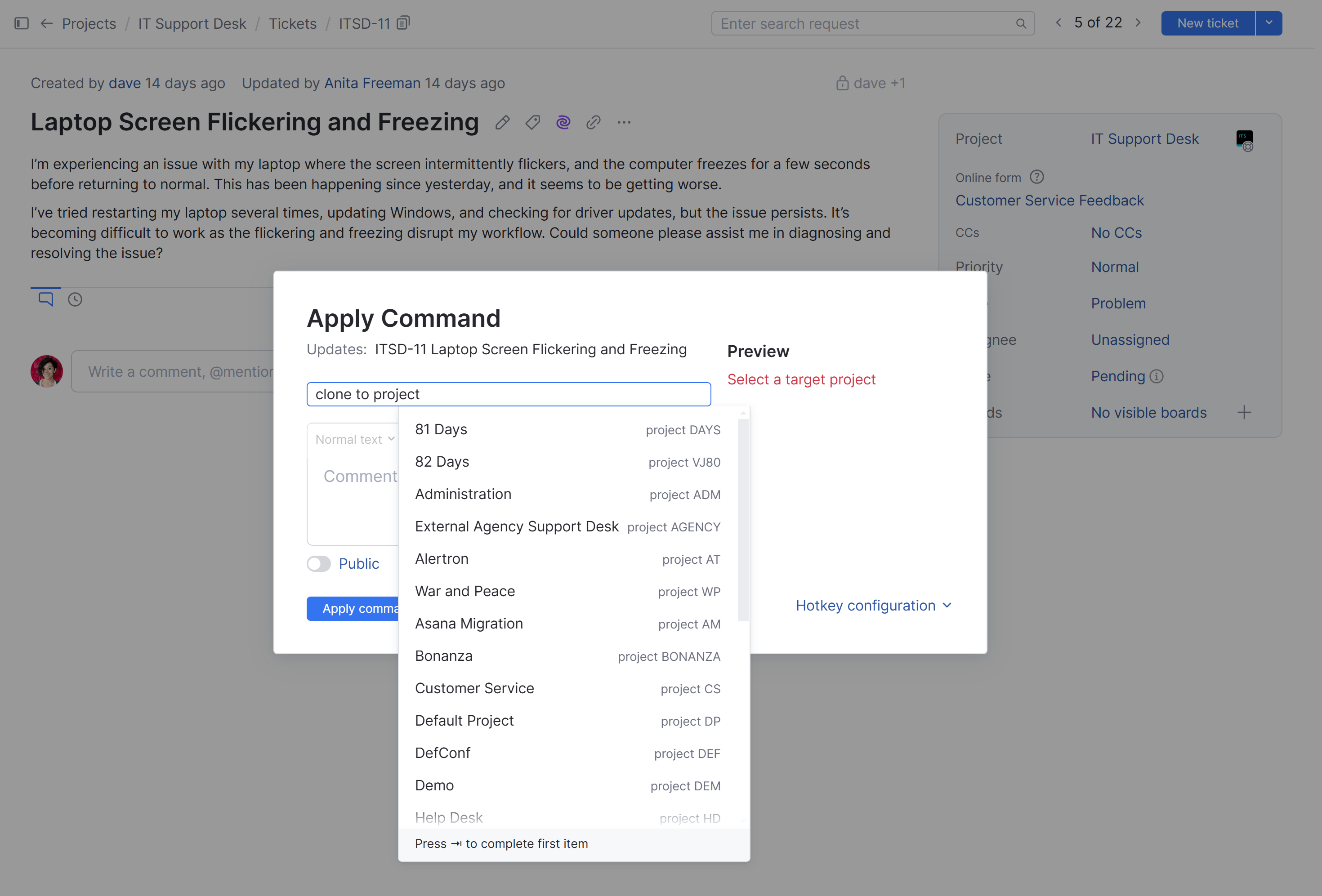 User input for an action rule from the command dialog