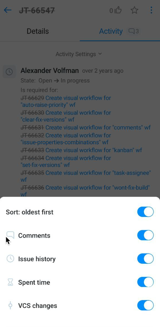 Activity settings panel Activity settings panel