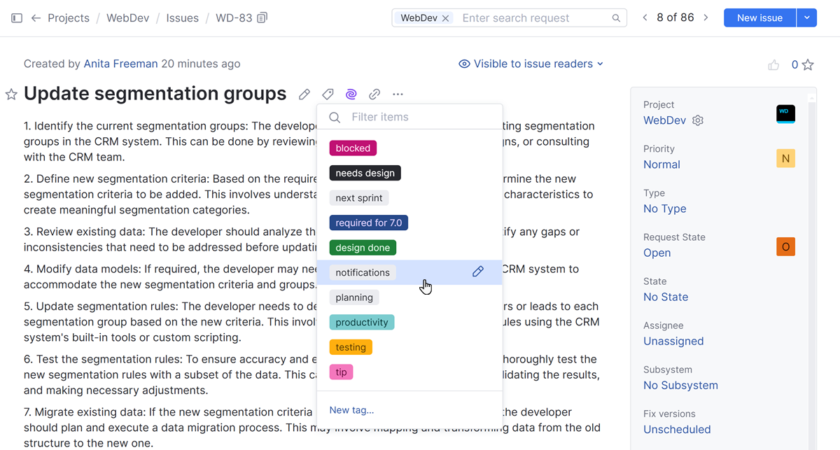 Add a tag to an issue in YouTrack. Add a tag to an issue in YouTrack.