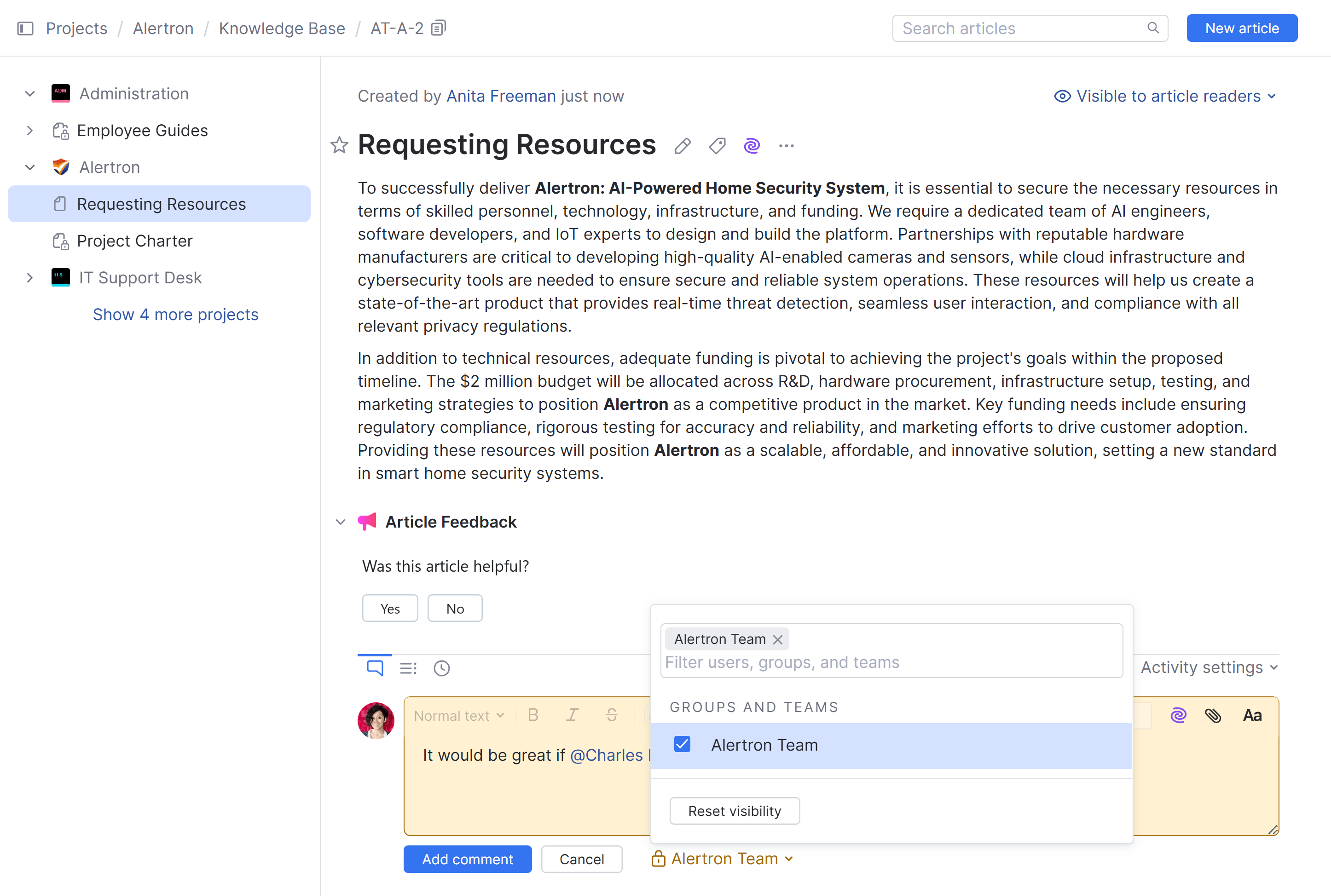 Visibility settings for a comment in an article. Visibility settings for a comment in an article.