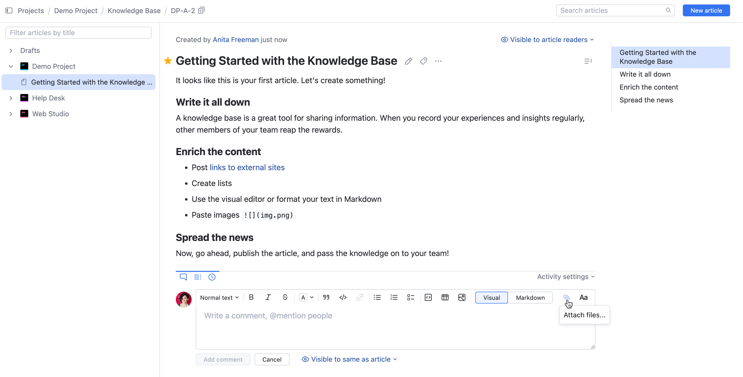 Attach a file to an article comment. Attach a file to an article comment.