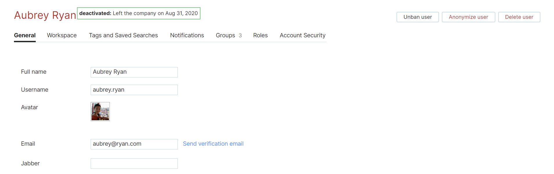 A banned user with a deactivated status and a reason for the ban next to their name. A banned user with a deactivated status and a reason for the ban next to their name.