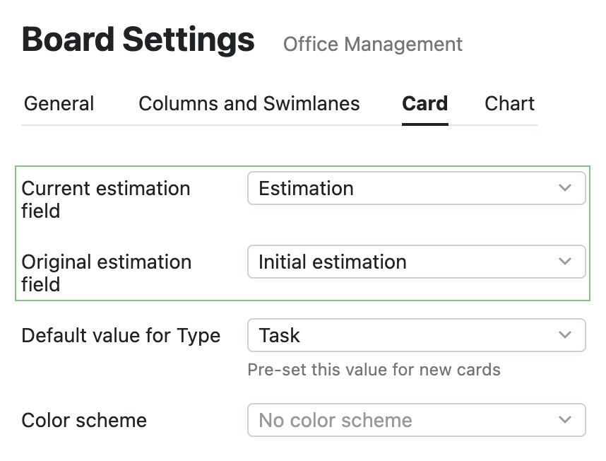 Card tab in the board settings Card tab in the board settings