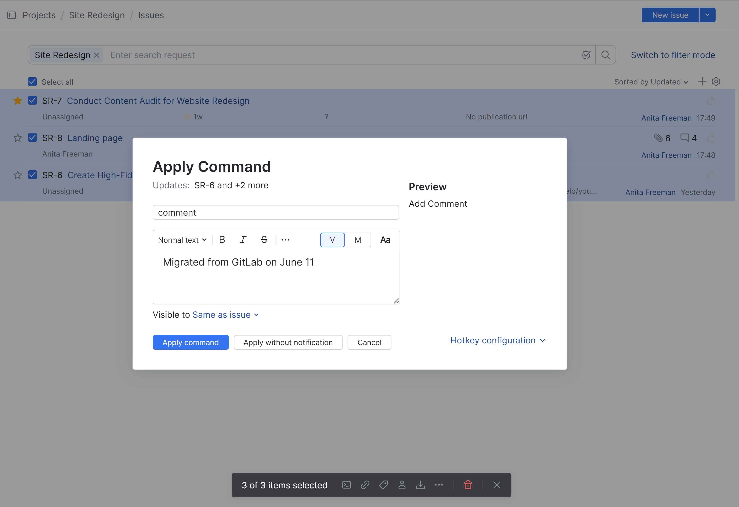 Adding a comment to multiple issues with a command. Adding a comment to multiple issues with a command.