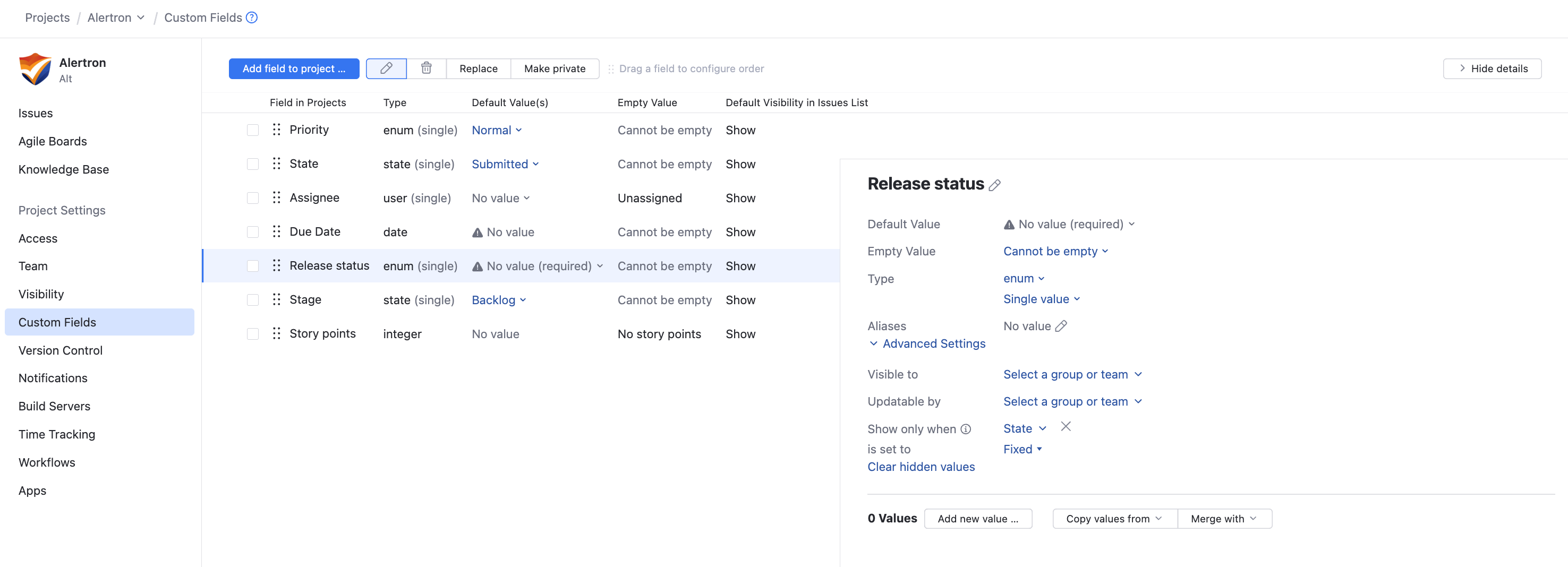 Conditional custom field in project Conditional custom field in project