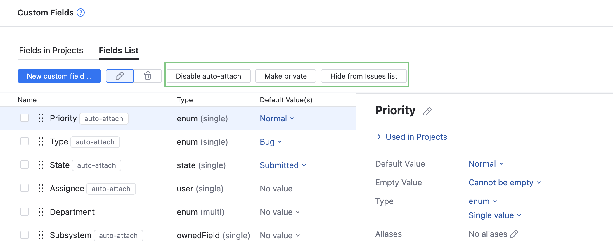Global default settings for custom fields. Global default settings for custom fields.