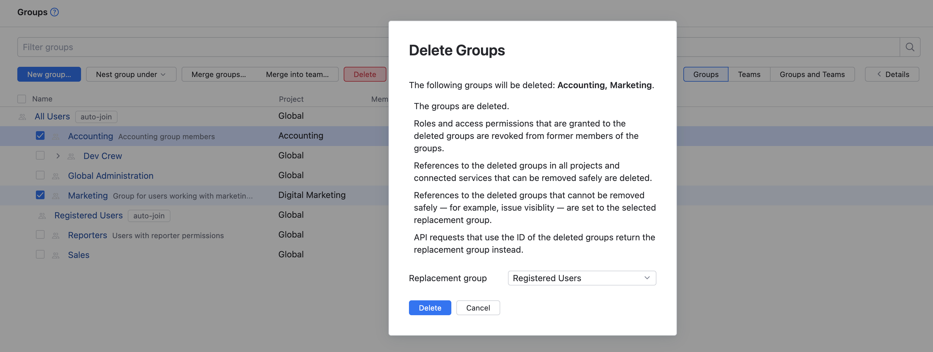 Delete group confirmation Delete group confirmation