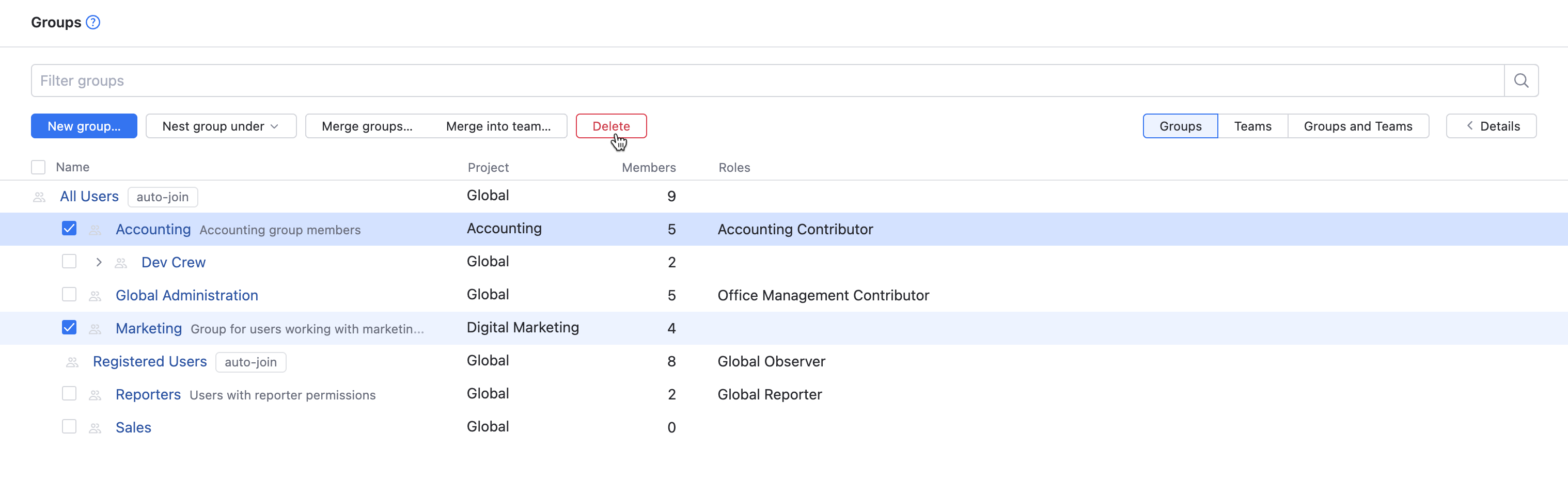 Delete groups Delete groups