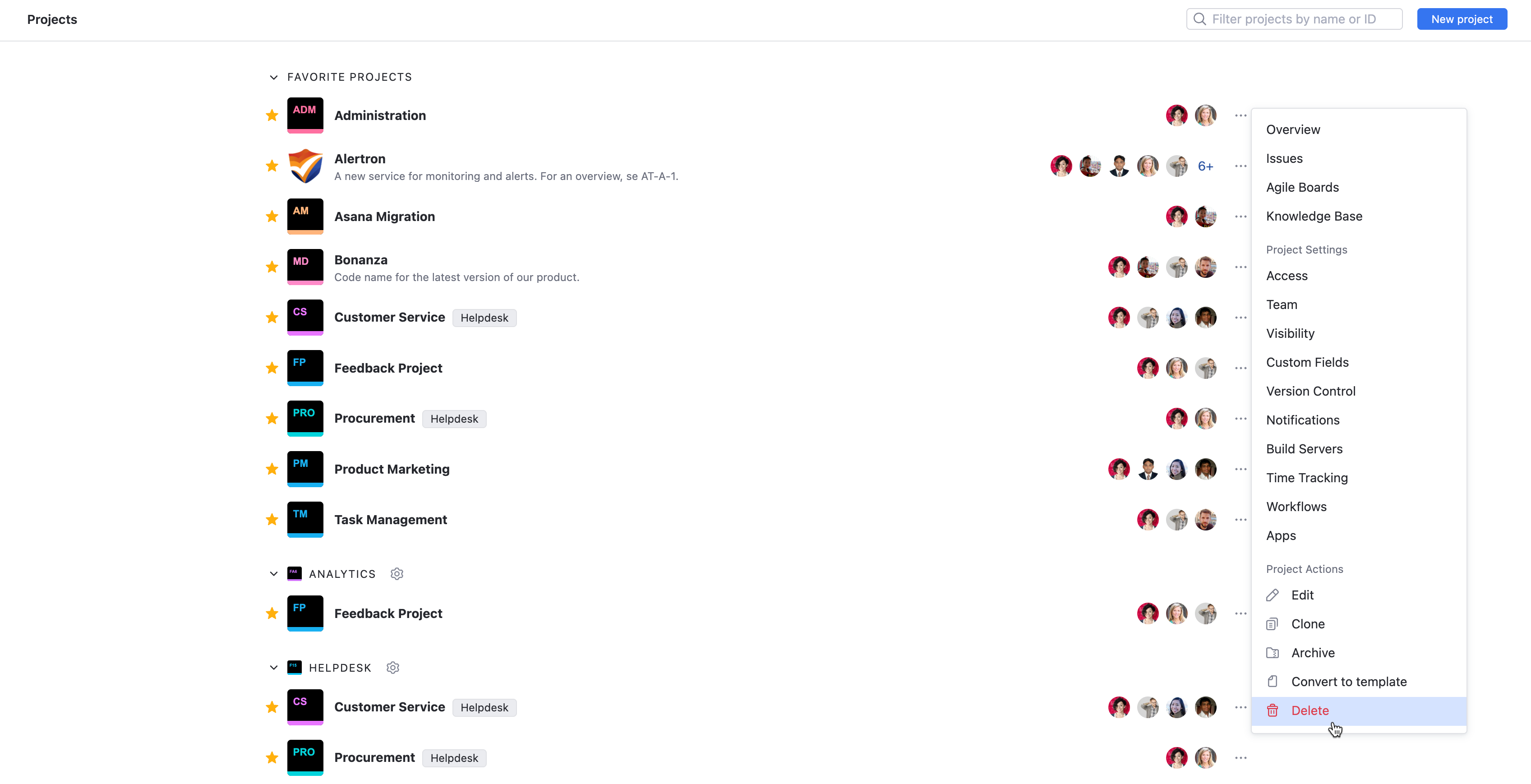 Option to delete a project from the list. Option to delete a project from the list.