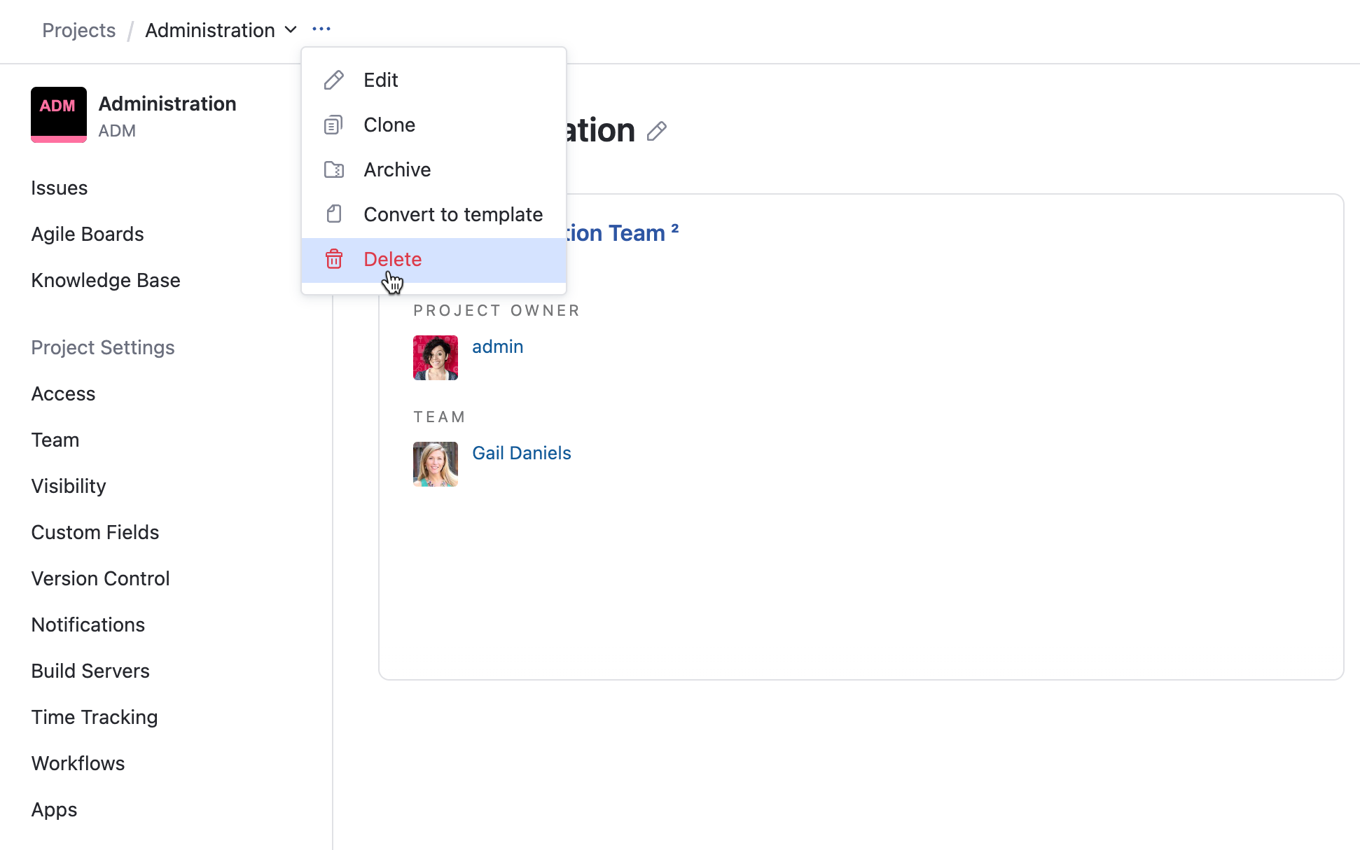 Delete project button in the header. Delete project button in the header.