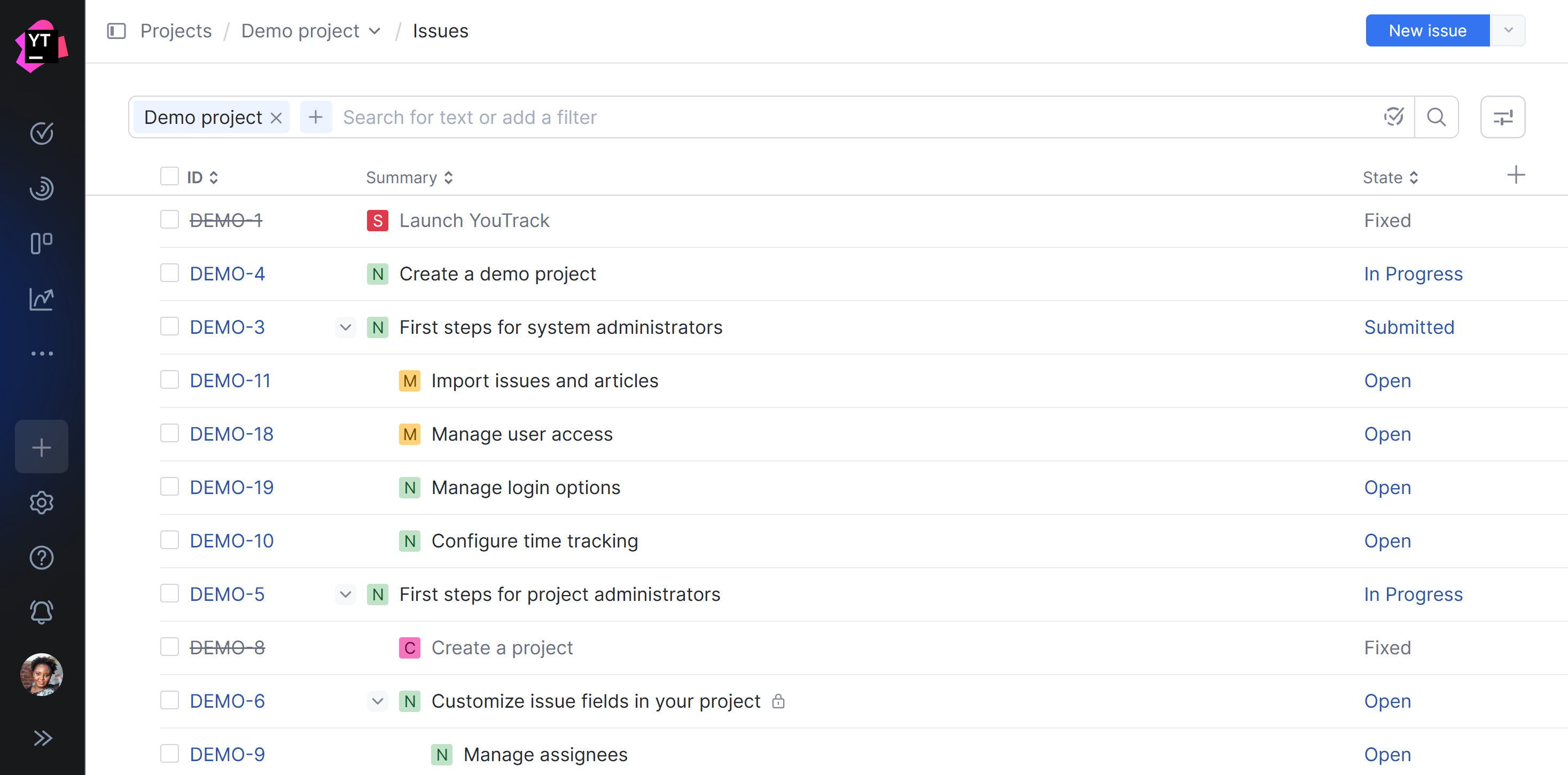 Issues in the demo project in tree view. Issues in the demo project in tree view.