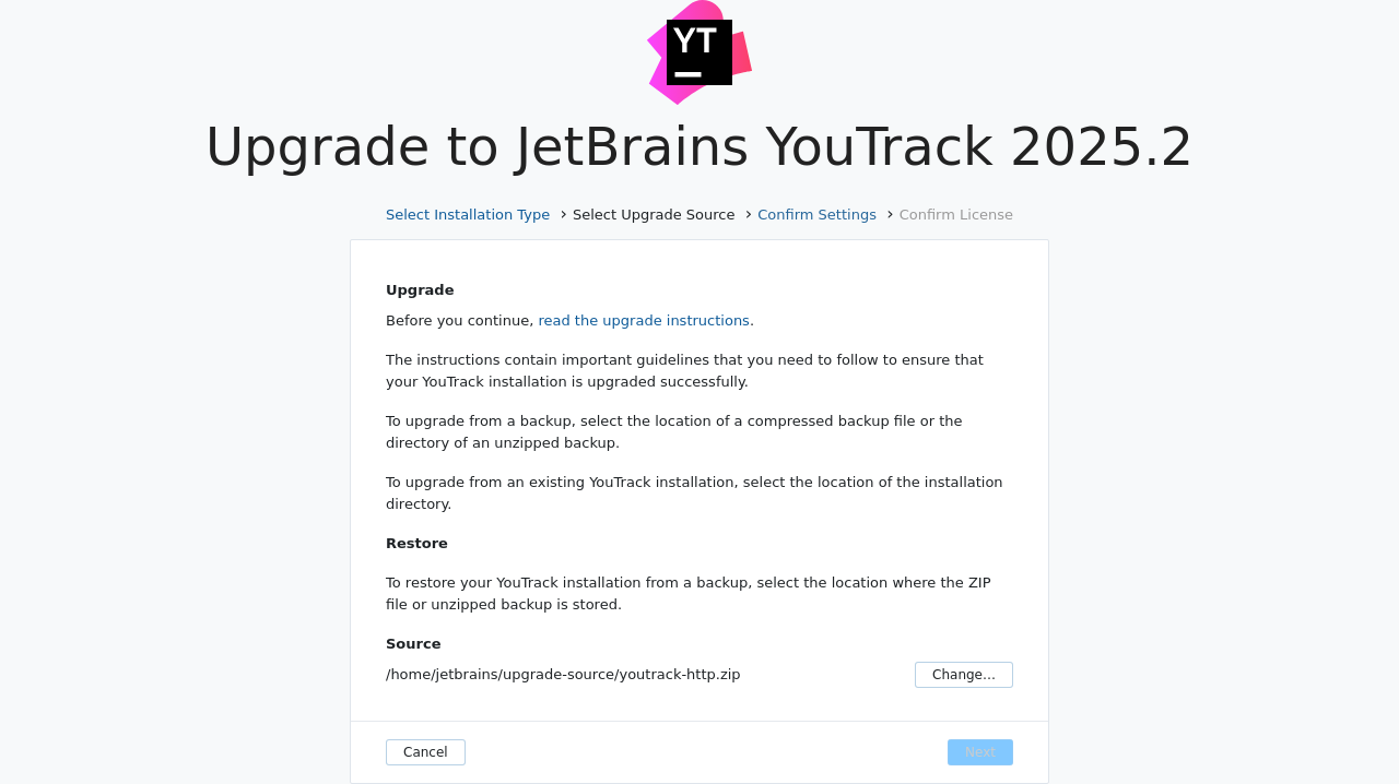 The upgrade source page in the configuration wizard. The upgrade source page in the configuration wizard.