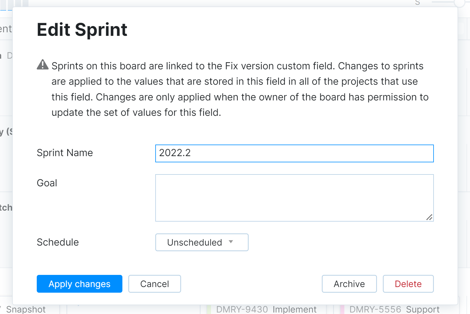 Criteria for editing sprints on a version-based board. Criteria for editing sprints on a version-based board.