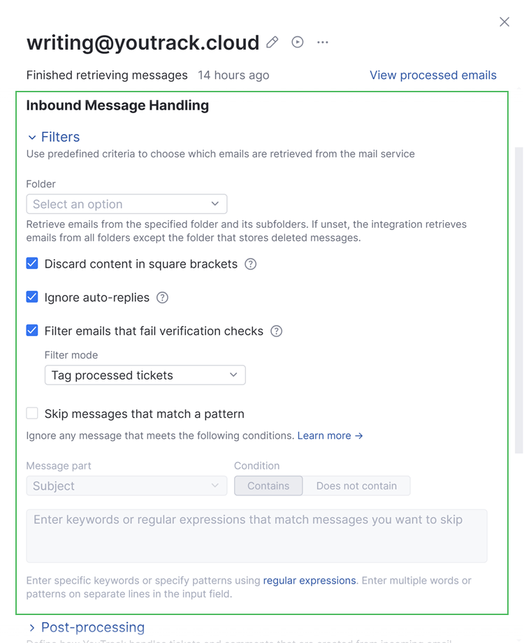Settings for filters in an email channel. Settings for filters in an email channel.