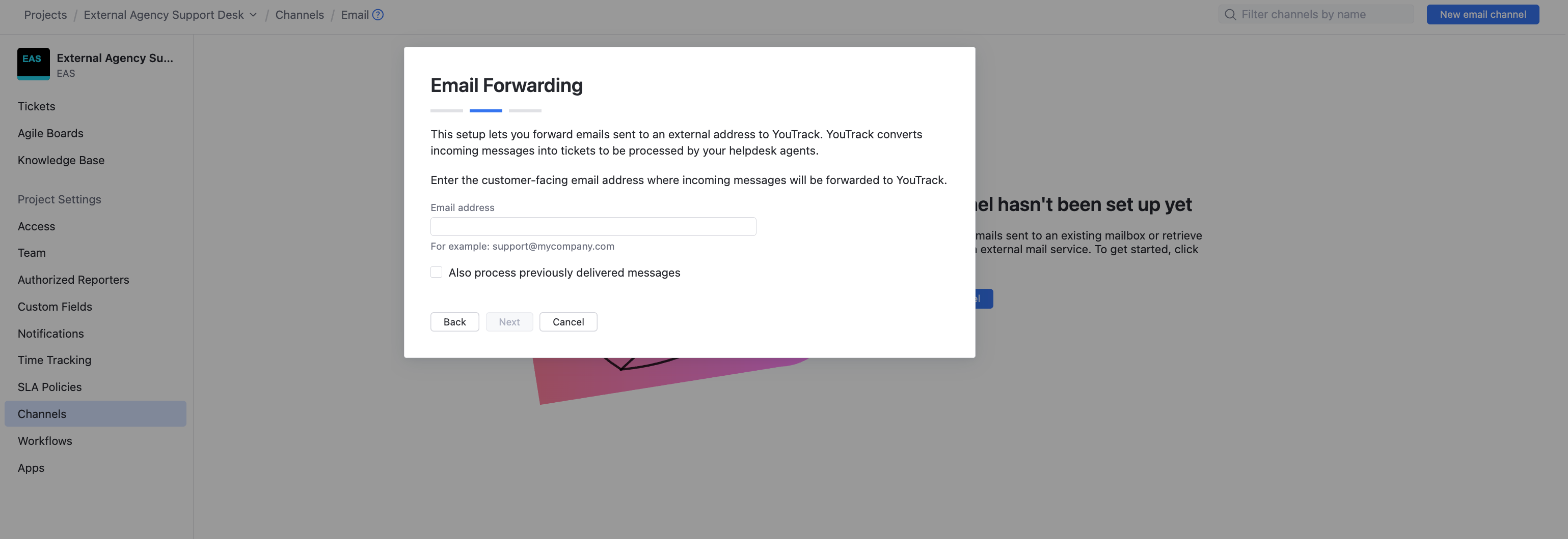 The Email Forwarding dialog. The Email Forwarding dialog.