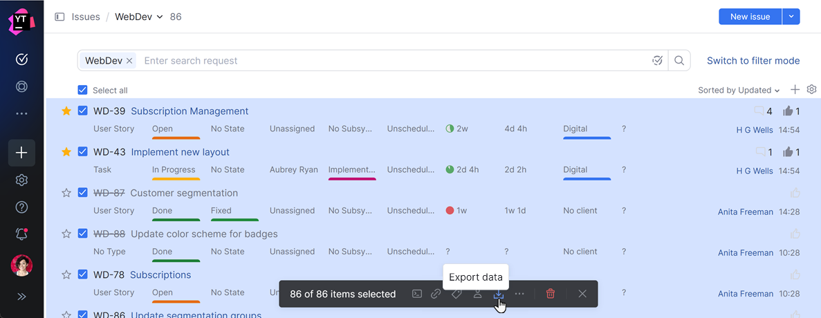 Export data Issues list Export data Issues list