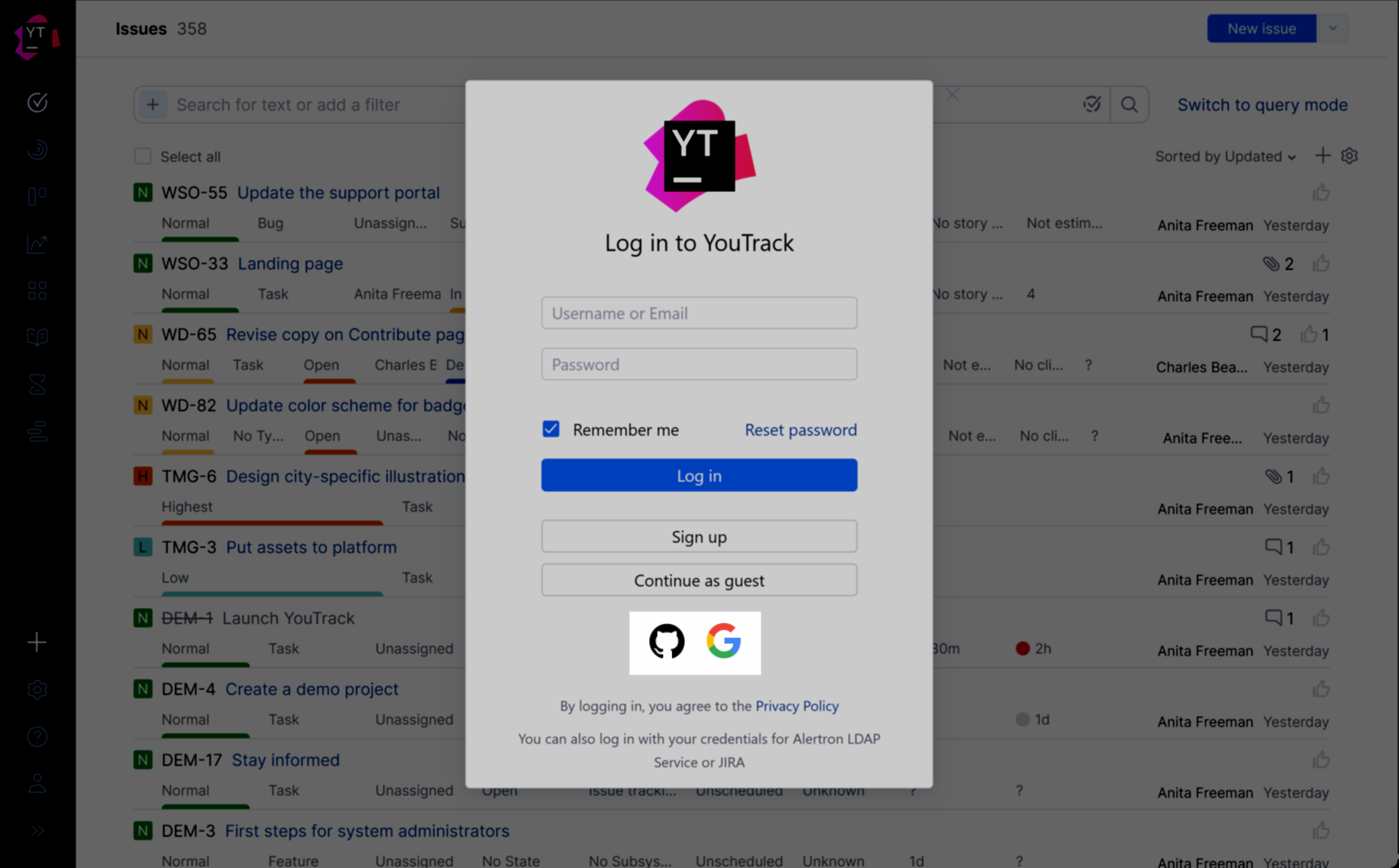 The set of available authentication modules as shown on the login form. The set of available authentication modules as shown on the login form.