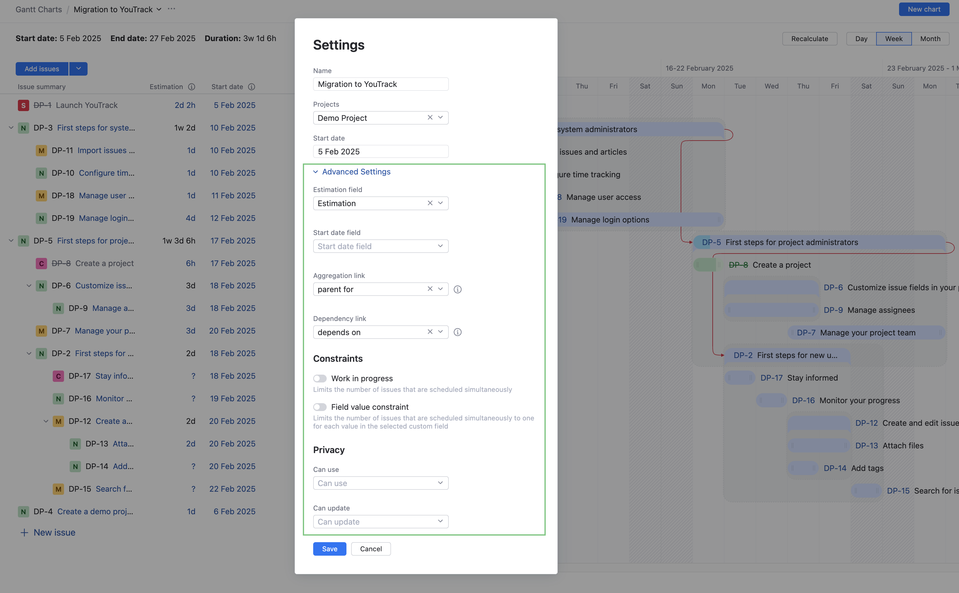 Advanced settings for Gantt charts. Advanced settings for Gantt charts.