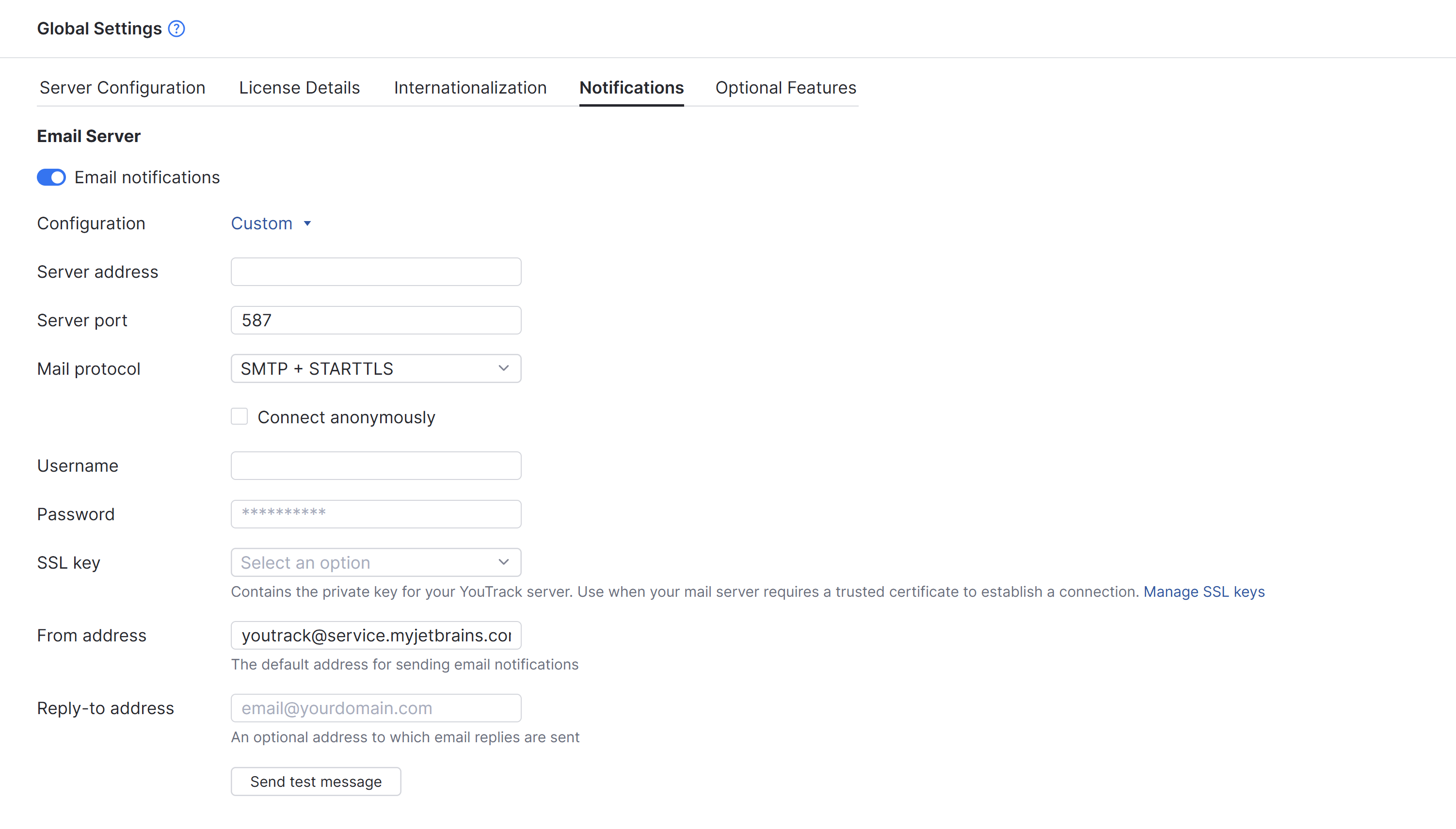 The Notifications tab in the Global Settings for YouTrack Cloud. The Notifications tab in the Global Settings for YouTrack Cloud.