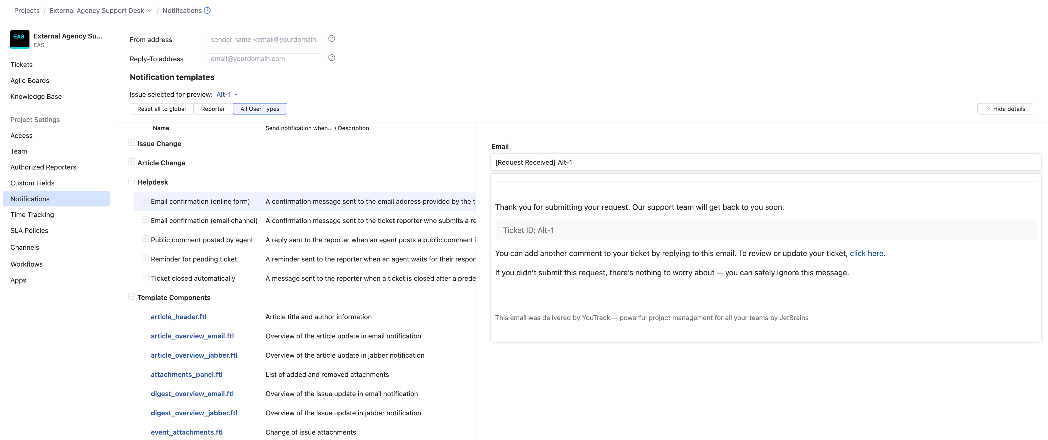 The settings for customizing the sender name in a helpdesk project. The settings for customizing the sender name in a helpdesk project.