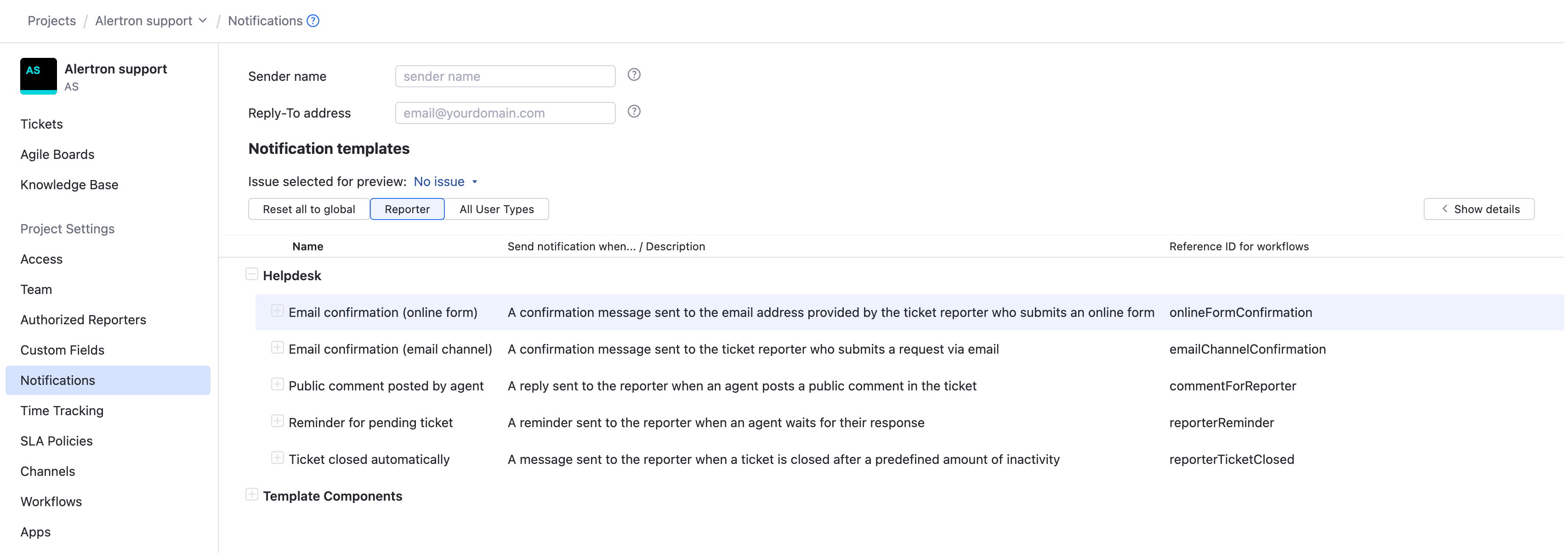 The settings for customizing the sender name in a helpdesk project. The settings for customizing the sender name in a helpdesk project.