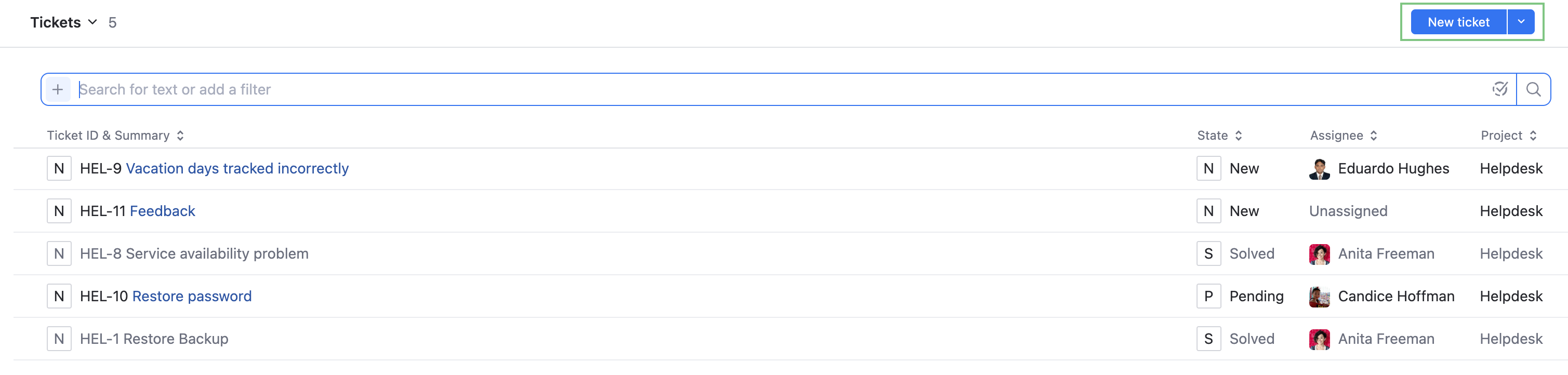 The New ticket button The New ticket button