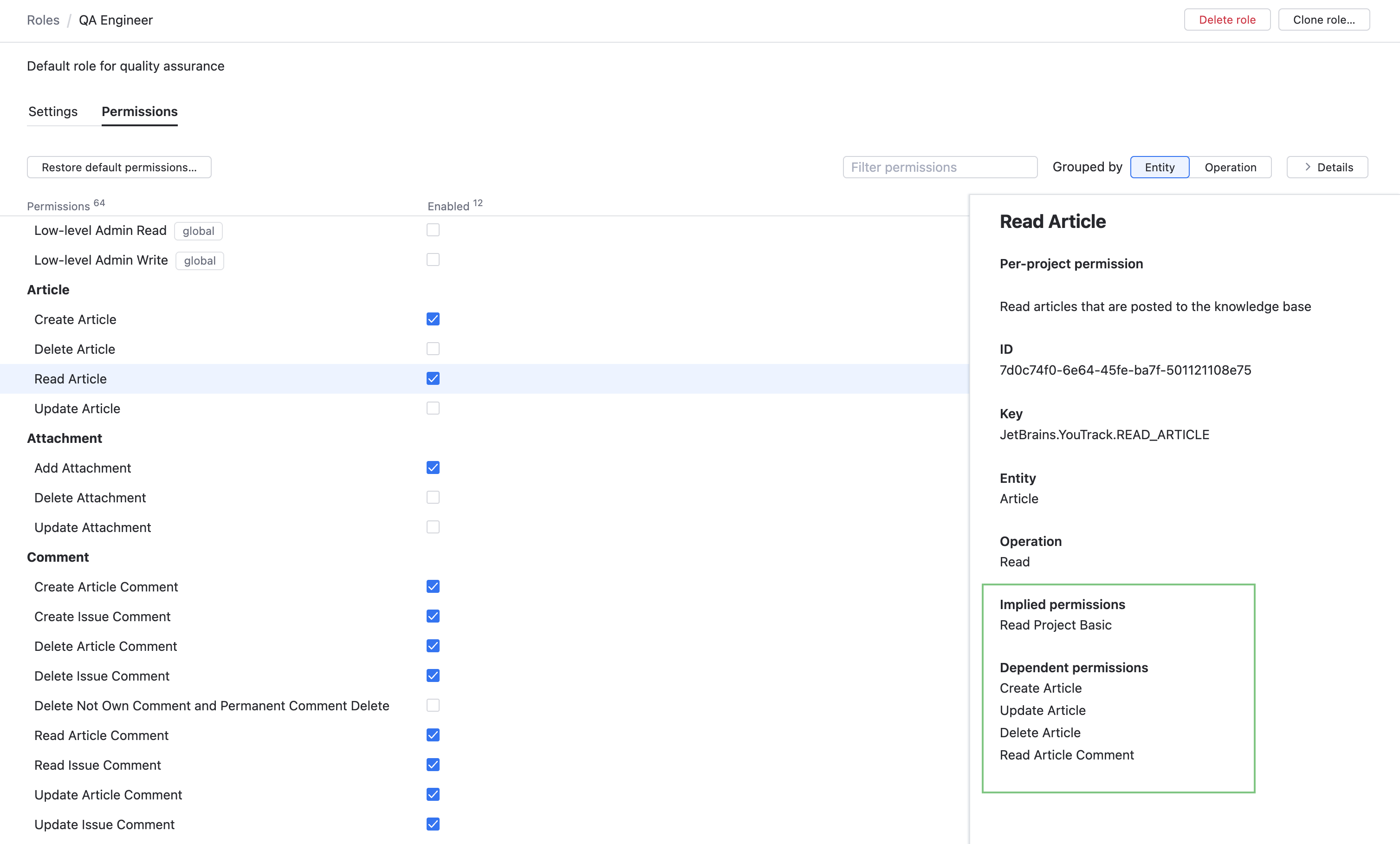 Details sidebar showing the implied and dependent permissions for the Read Issue Private Fields permission. Details sidebar showing the implied and dependent permissions for the Read Issue Private Fields permission.