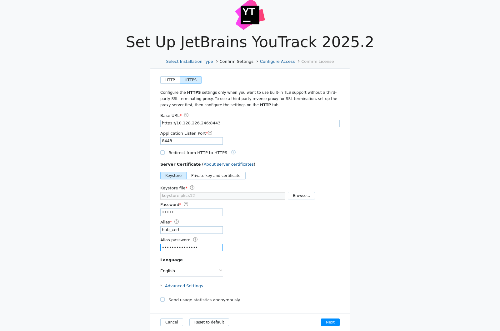 Configuration wizard: HTTPS tab Configuration wizard: HTTPS tab