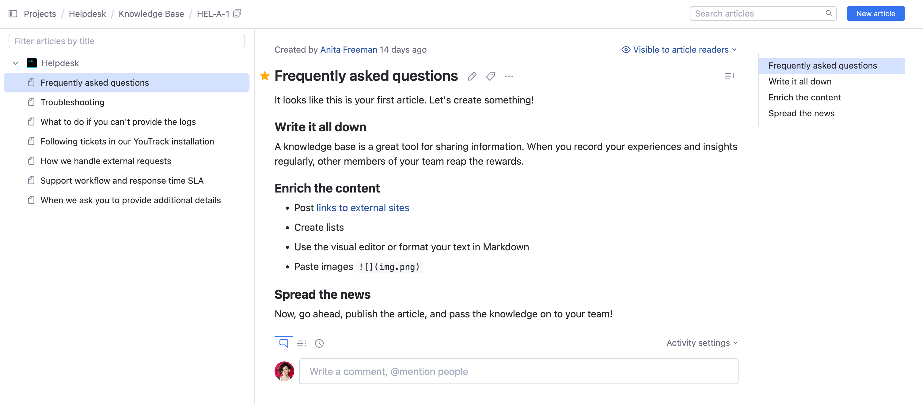 The knowledge base in YouTrack. The knowledge base in YouTrack.