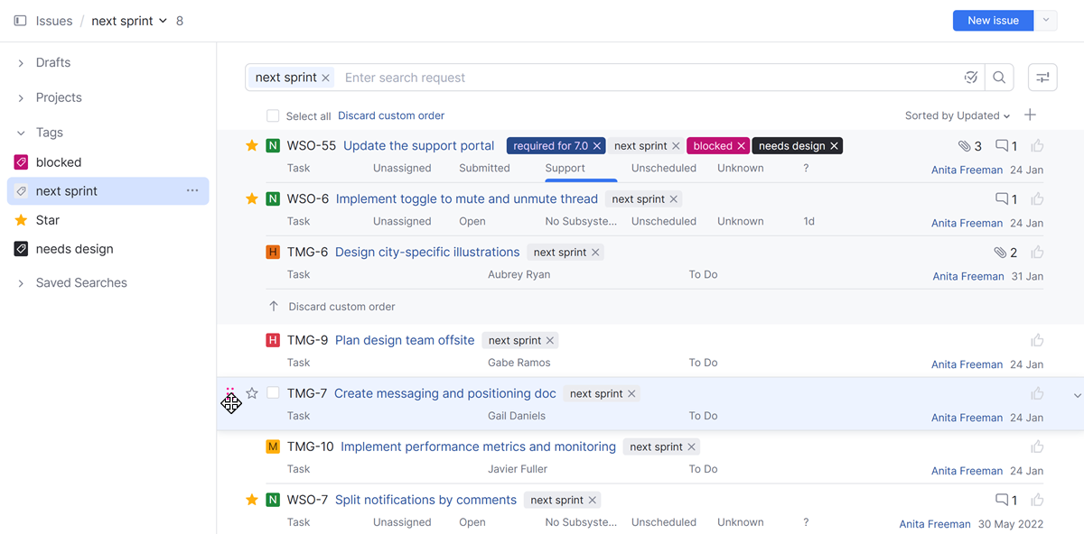 Controls for sorting issues manually in the Issues list. Controls for sorting issues manually in the Issues list.