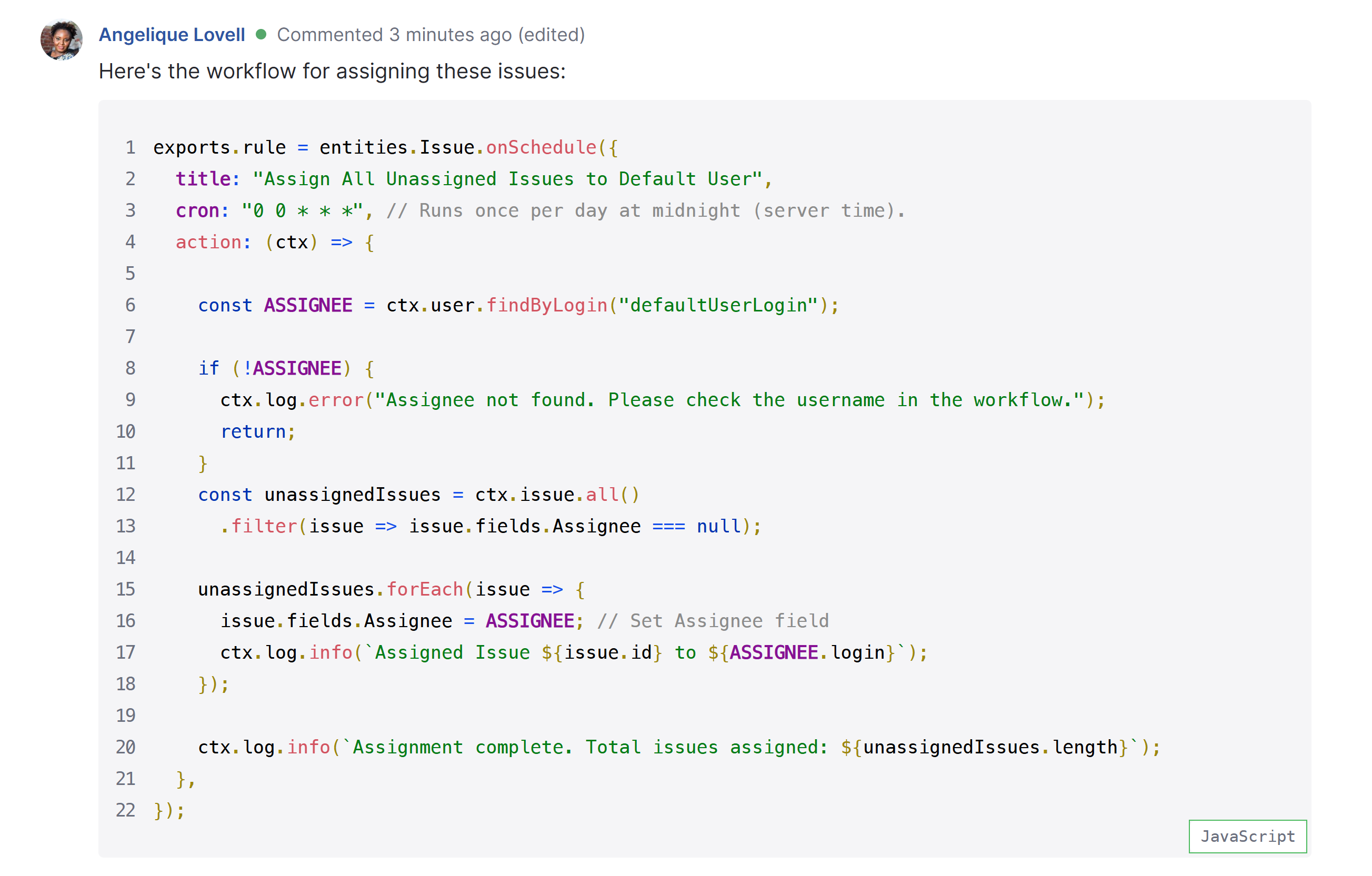 Fenced code block set as JavaScript. Fenced code block set as JavaScript.