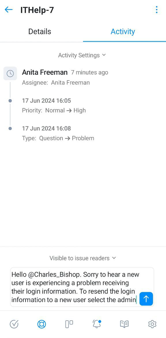 Controls for adding a comment to a ticket in the mobile app. Controls for adding a comment to a ticket in the mobile app.