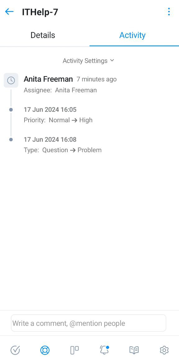 Activity tab for single ticket in YouTrack Mobile. Activity tab for single ticket in YouTrack Mobile.