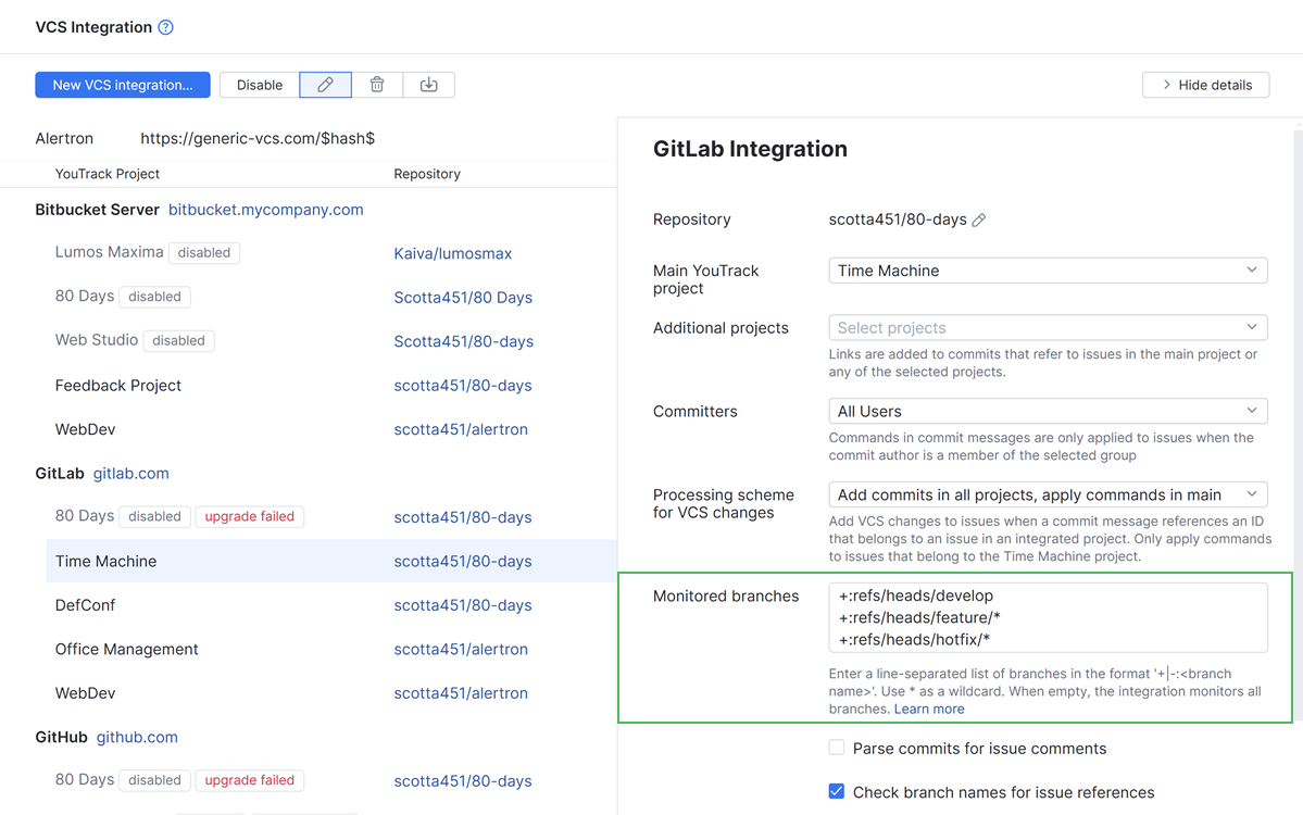 Monitored branches in VCS integration settings Monitored branches in VCS integration settings
