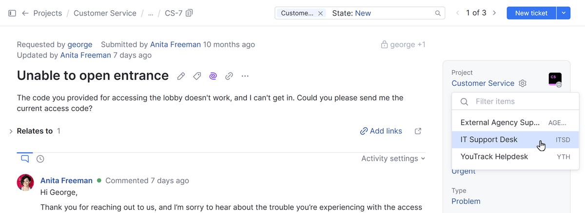 Change the project for the ticket. Change the project for the ticket.