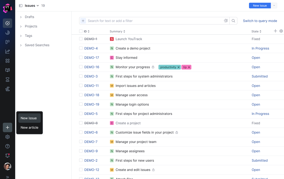 The option to create issues and articles from the main navigation menu. The option to create issues and articles from the main navigation menu.