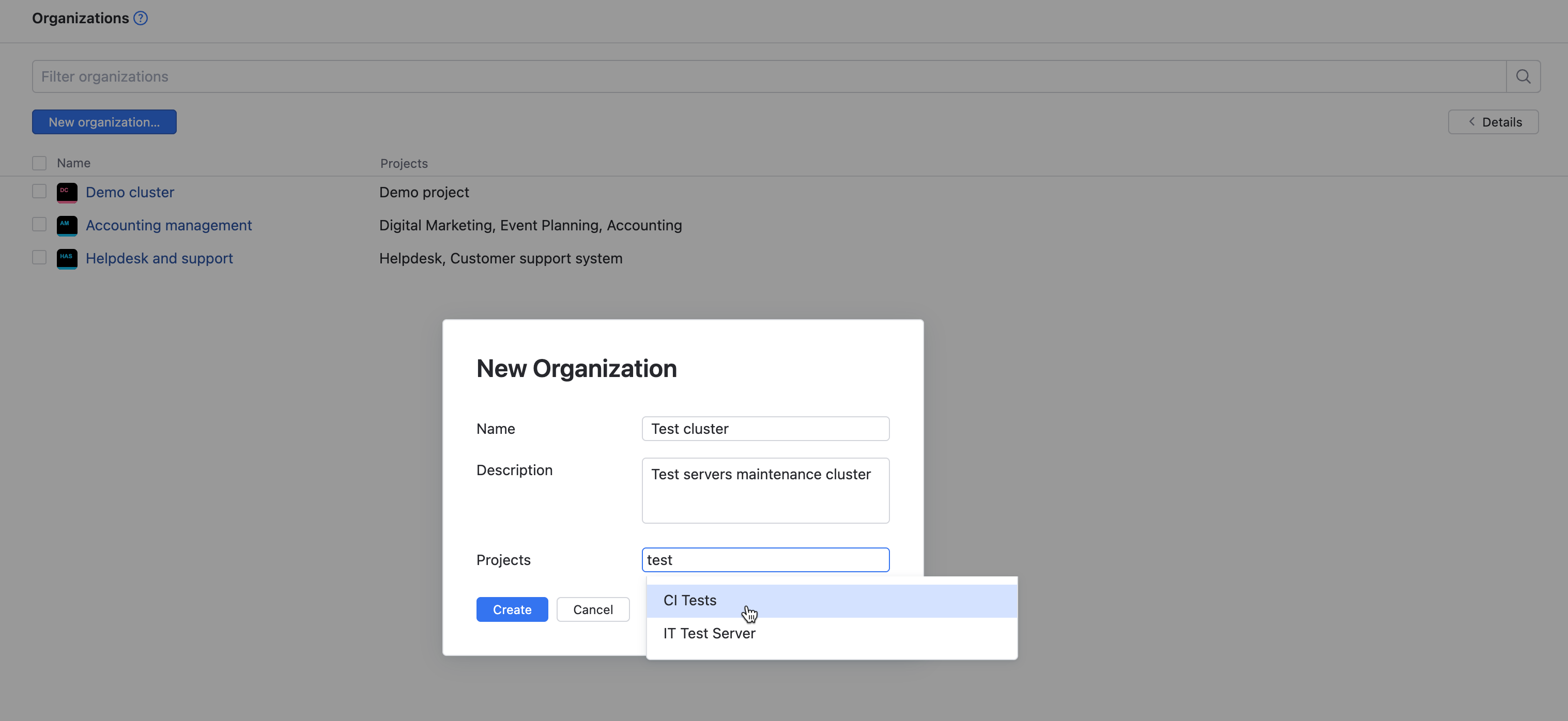 The New Organization dialog. The New Organization dialog.