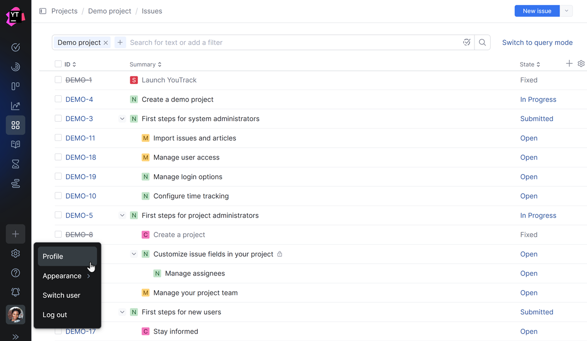 Menu option to open your profile page in YouTrack. Menu option to open your profile page in YouTrack.