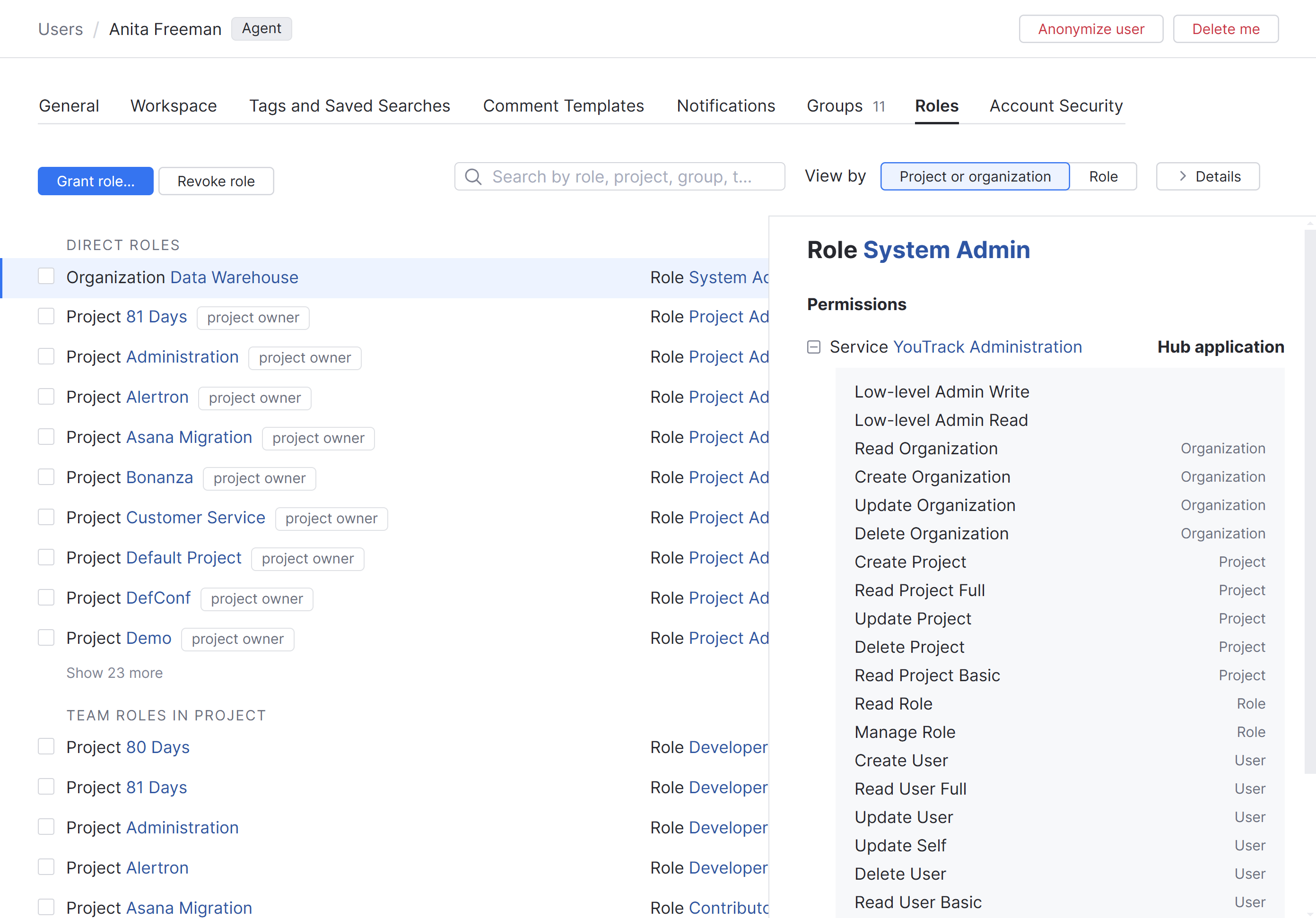 The list of role assignments for a YouTrack user account. The list of role assignments for a YouTrack user account.