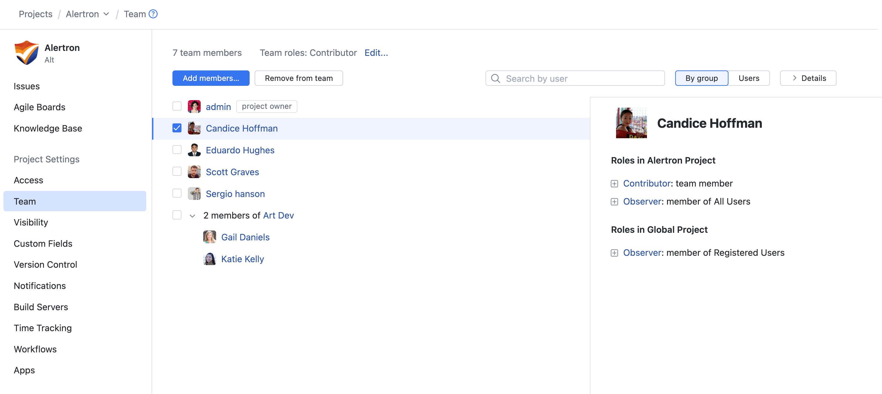 YouTrack プロジェクトのチームメンバーシップを管理するためのインターフェース。 The interface for managing team membership in a YouTrack project.