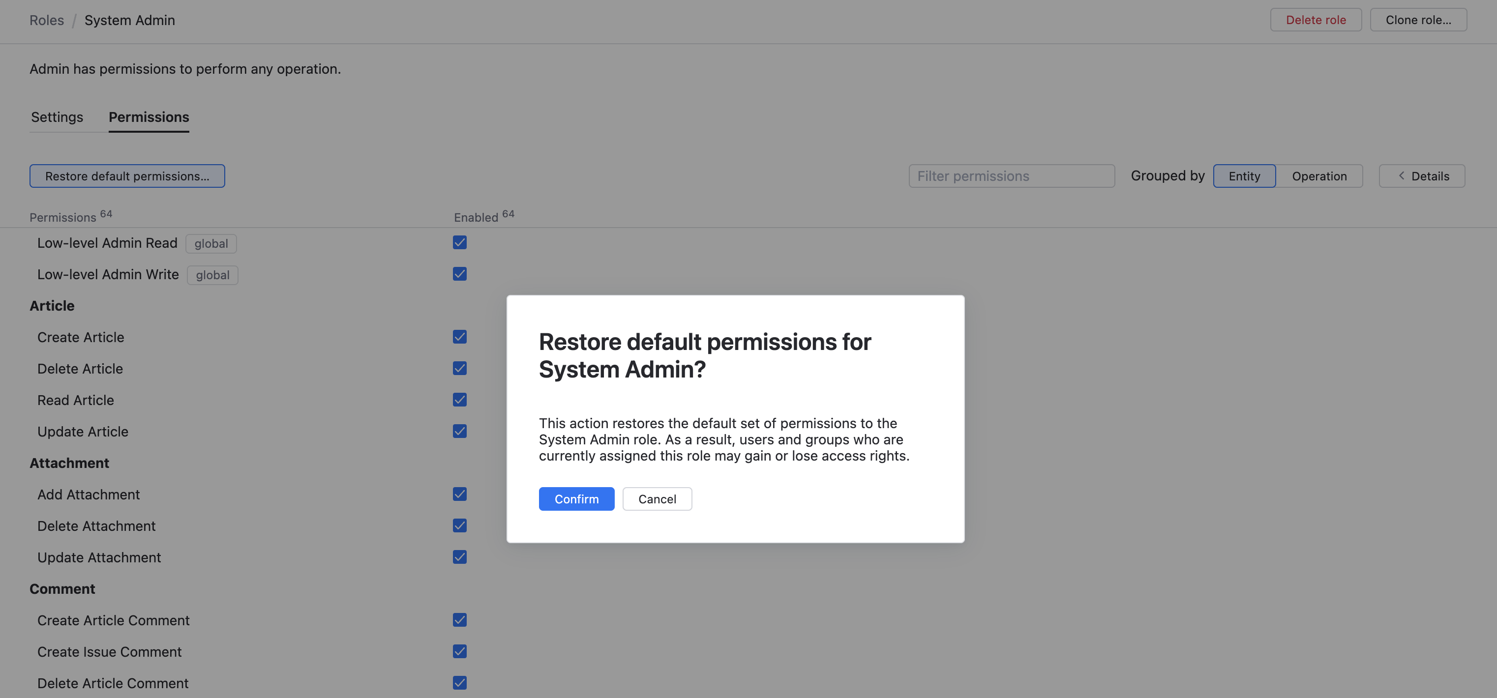 Restore default permissions dialog. Restore default permissions dialog.