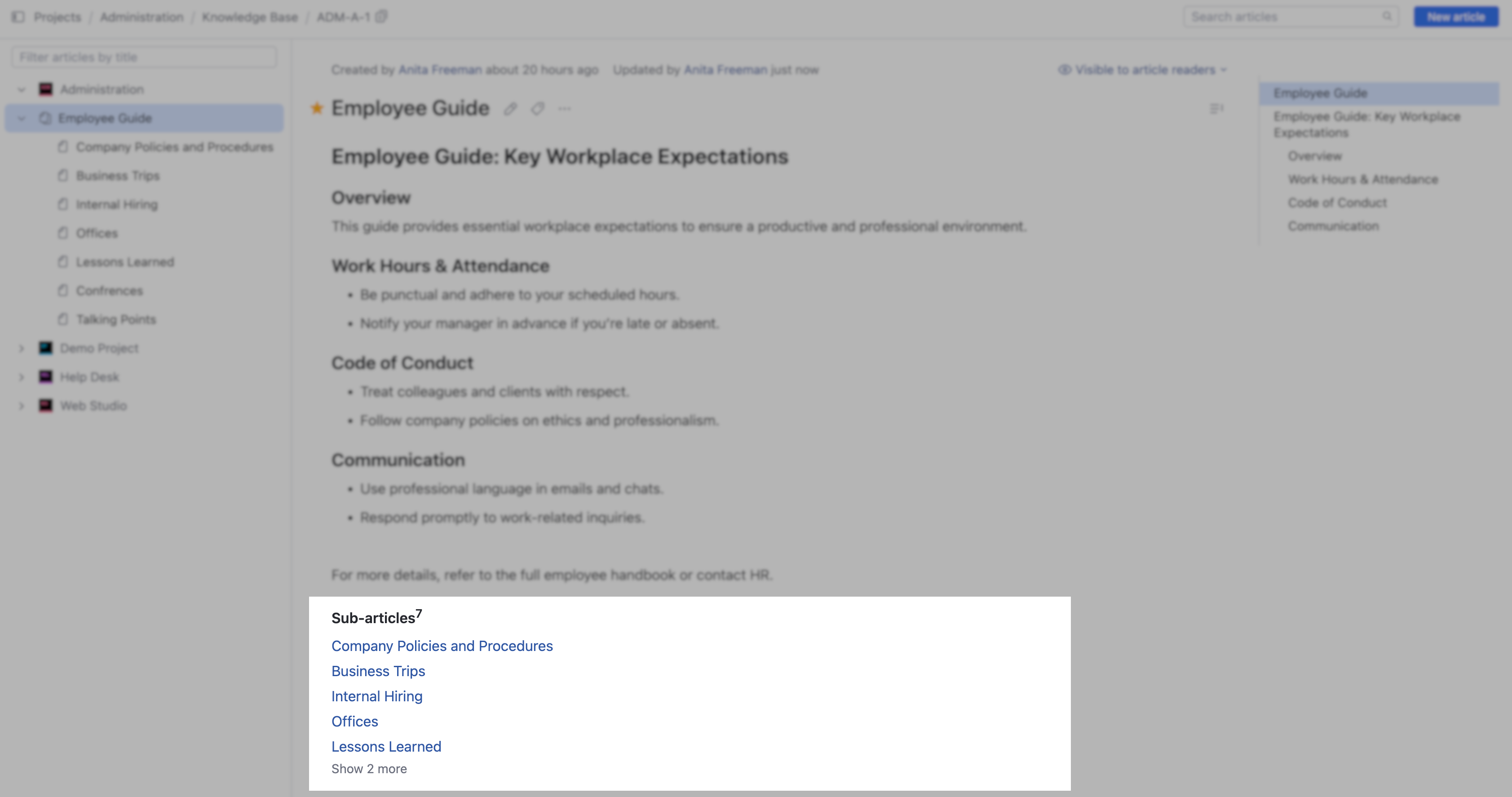 Sub-article navigation panel in an article Sub-article navigation panel in an article